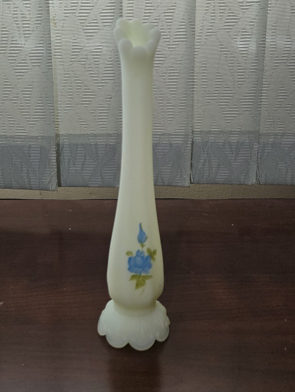 Vintage Fenton Hand Painted Blue Rose Frosted Glass Bud Vase